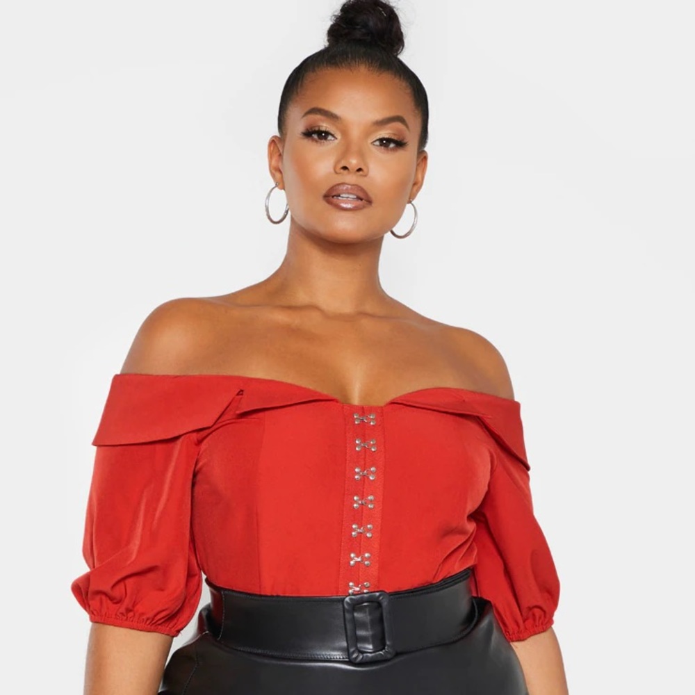plus rust eyelet details bardot collar bodysuit